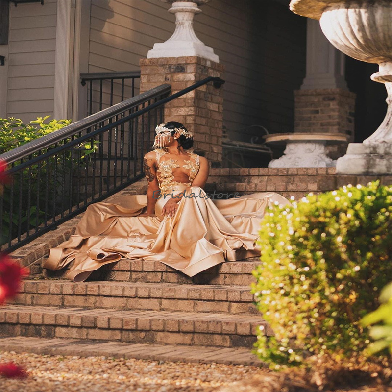 Gold Mermaid Prom Dresses 2024 Sheer Neck Beaded Crystal South African Evening Dress See Through Satin Aso Ebi Plus Size Formal Birthday Dress Vestios