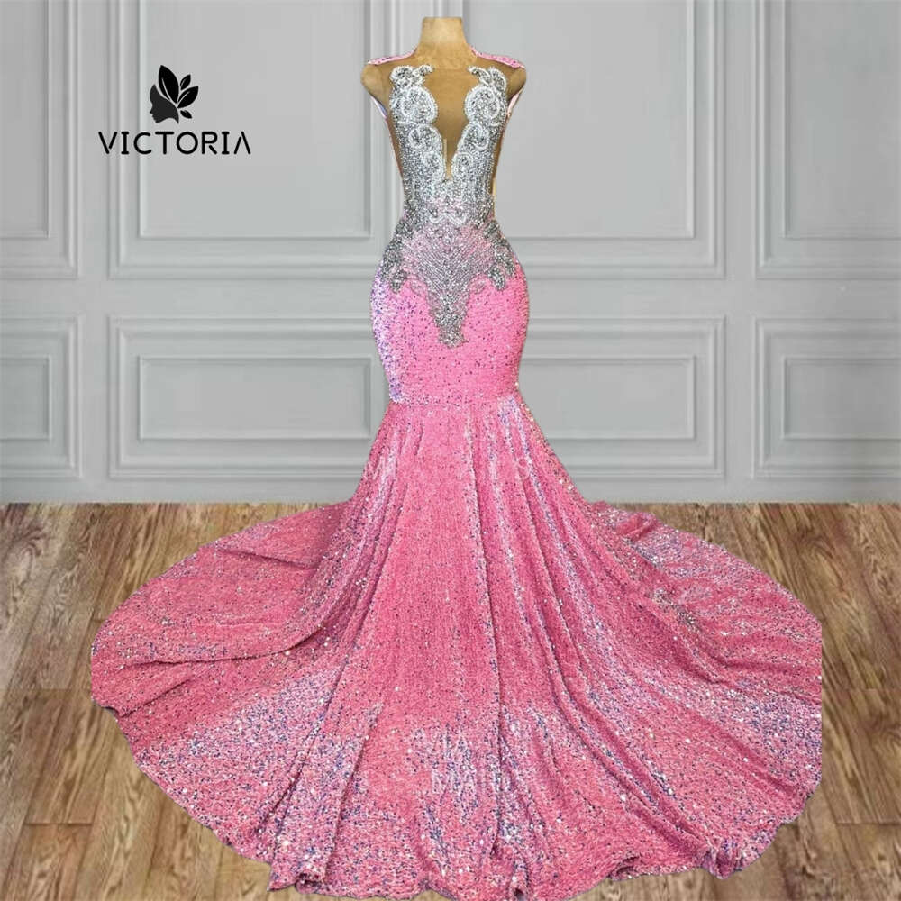 Pink Veet Sequin Sier Rhie Long Gowns For Black Girls Beaded Dia African Mermaid Prom Dresses 2024 0228Lz