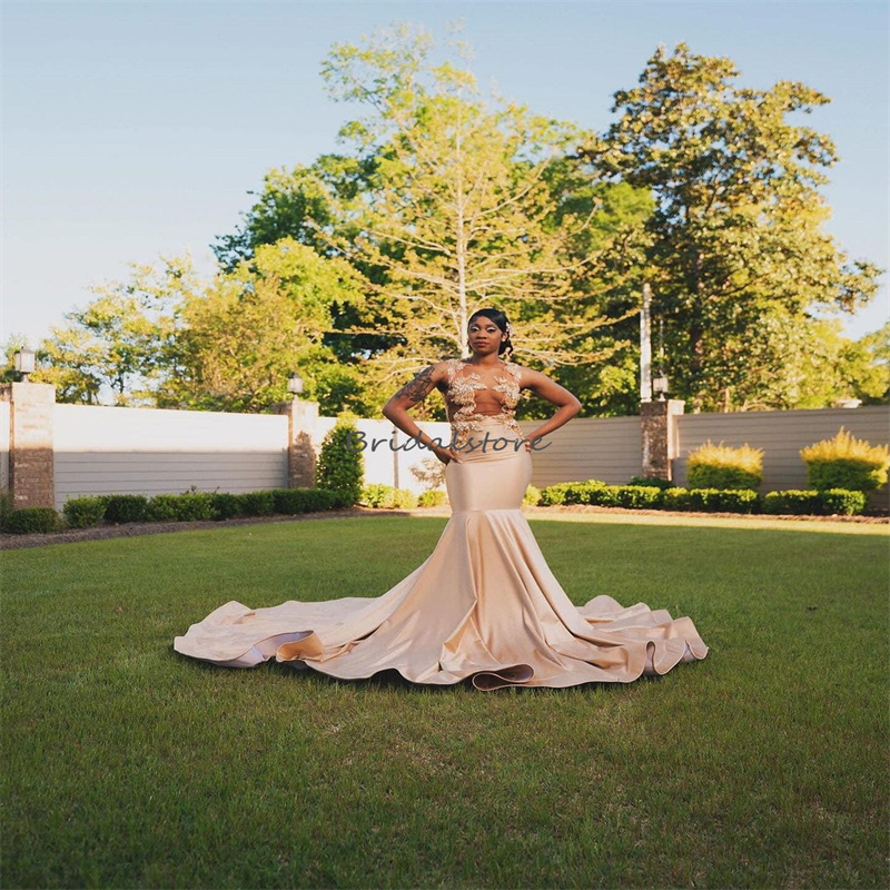 Gold Mermaid Prom Dresses 2024 Sheer Neck Beaded Crystal South African Evening Dress See Through Satin Aso Ebi Plus Size Formal Birthday Dress Vestios