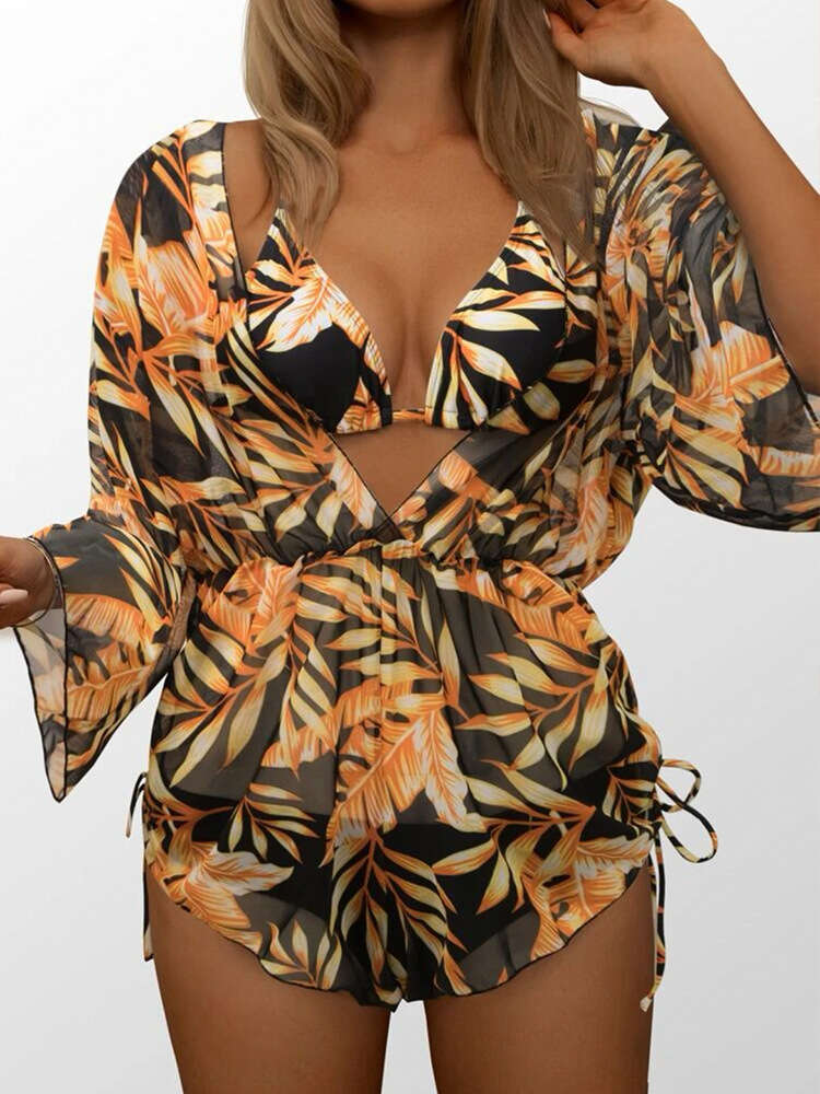ddmytiger New Fashion Leaf Print Three piece Set Long sleeved Sunscreen Bikini Women s Swimsuit H