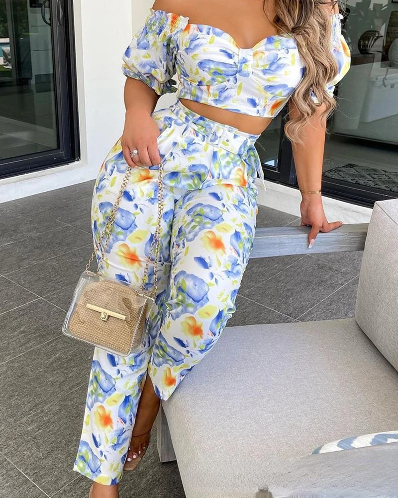 Summer Two Piece Set Women Fashion Printed Boho Crop Top High Waist Pants Suit Womens 2pcs Outfit conjuntos de mujer 240514