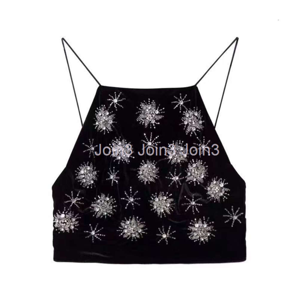 Womens spaghetti strap rhinestone flowers patchwork black color backless short high waist bustier tanks camis SMLXL