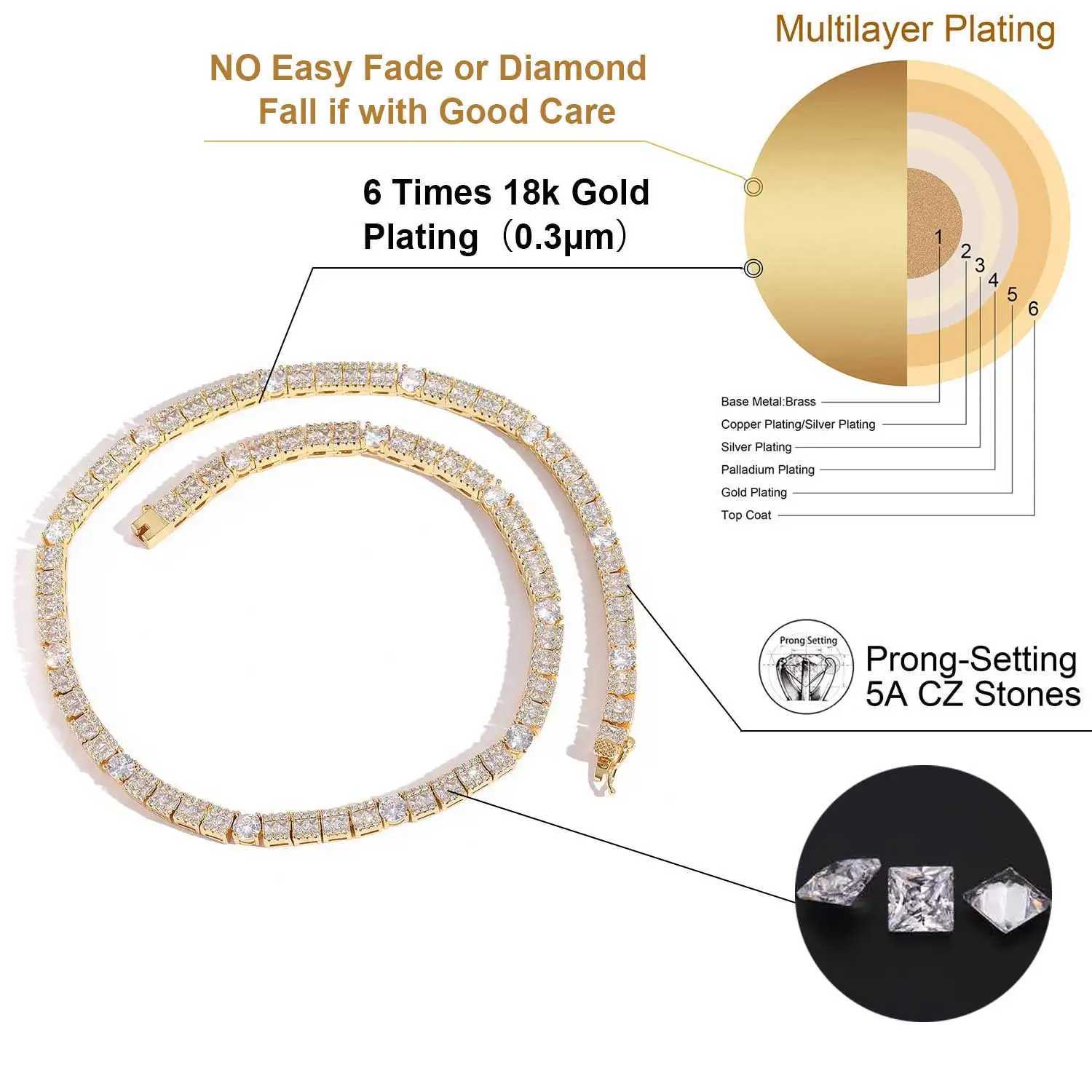 Tennis 6mm wide CZ cubic zirconia square sparkling tennis chain necklace as a Christmas gift for her/him mens diamond jewelry d240514
