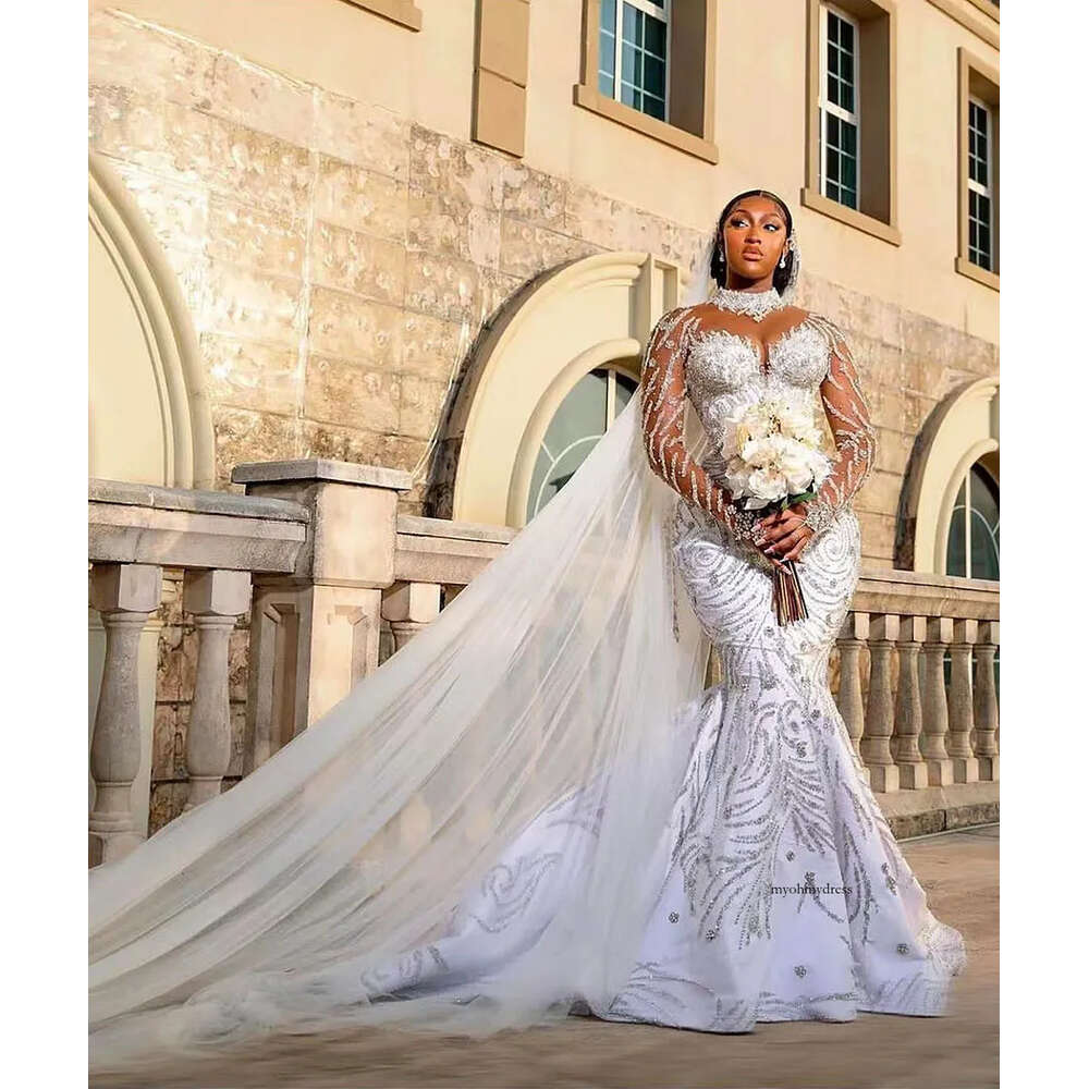 Mermaid Wedding Crystal Dress Llusion High Neck Long Sleeve Plus Size Bridal Gowns Beads Bride Dresses Robes De Mariee 326 Es 0514
