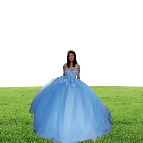 Abendkleider Sweet 16 Prom Dresses Sweetheart 3DApplique Sky Blue Tulle Quinceanera Dresses Long Party Formal Gowns