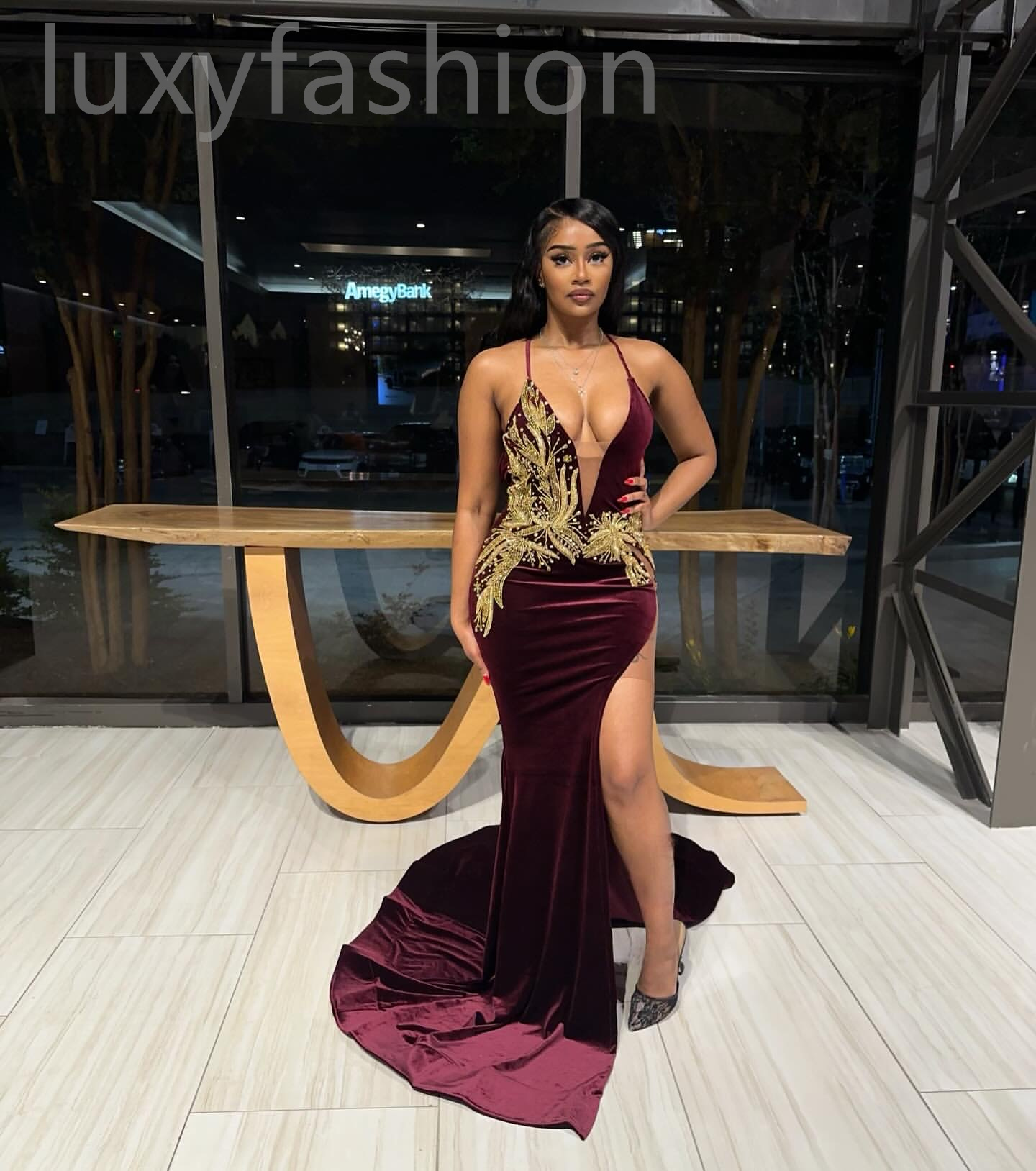 Aso Ebi 2024 Burgundy Lace Mermaid Prom Dresses Beaded Backless Velvet Evening Party Formal Second Reception Birthday Enagement PromDress Gowns LF046