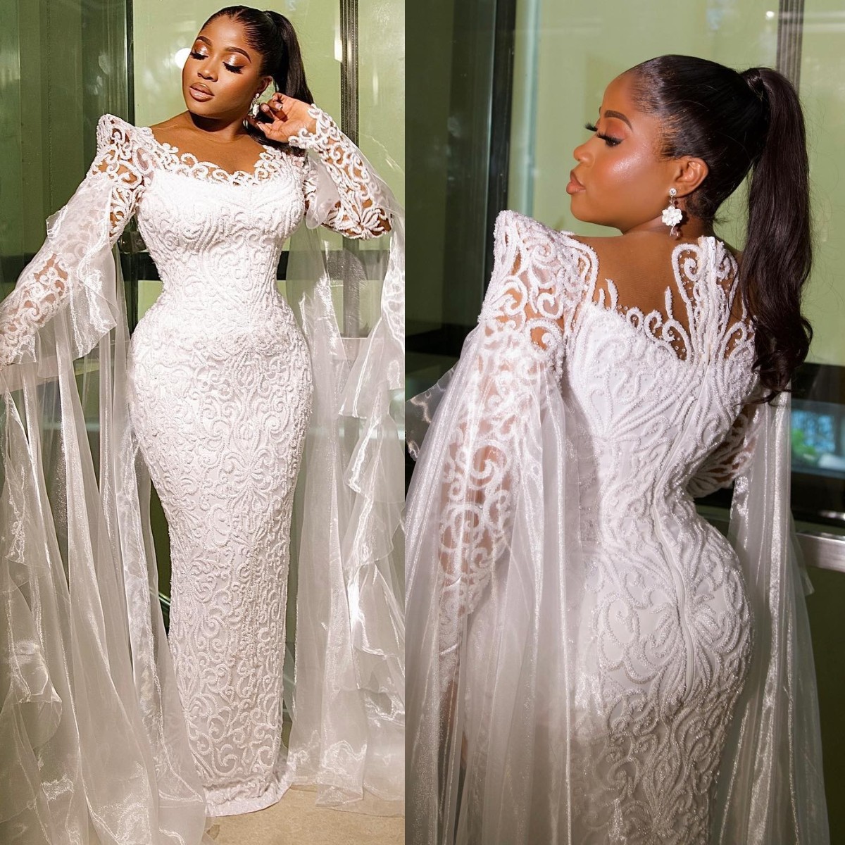 Stunning Lace Mermaid Wedding Dress Sheer Jewel Neck Bridal Gowns For Black Women Long Sleeves Aso Ebi African Arabic Plus Size Wedding Dresses 0616