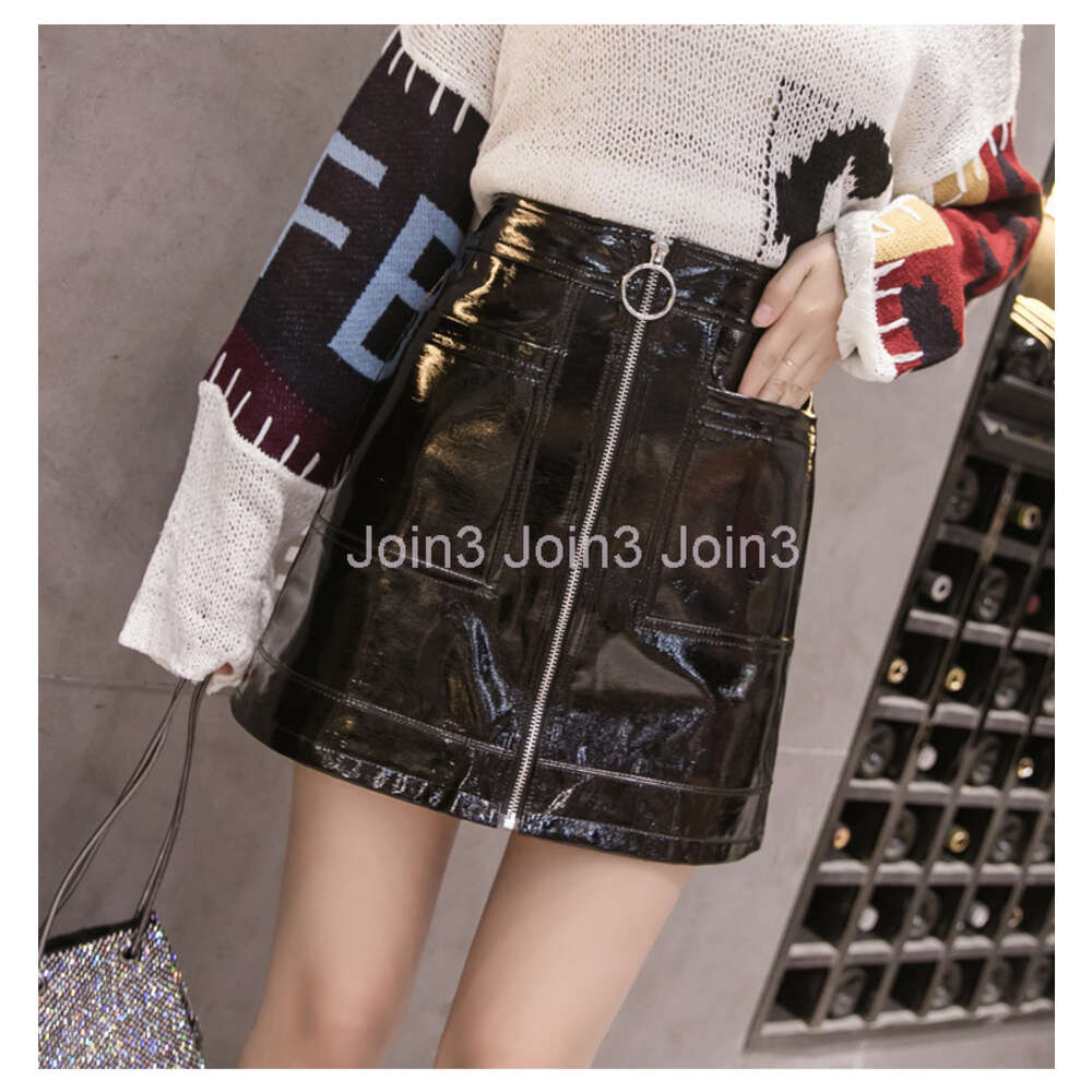 New design fashion womens sexy high waist a-line glossy PU leather zipper pockets patchwork short skirt plus size SMLXLXXL