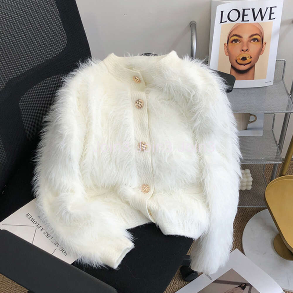 Womens o-neck mohair wool faux fox fur sweater single breasted warm cardigan coat SMLXL