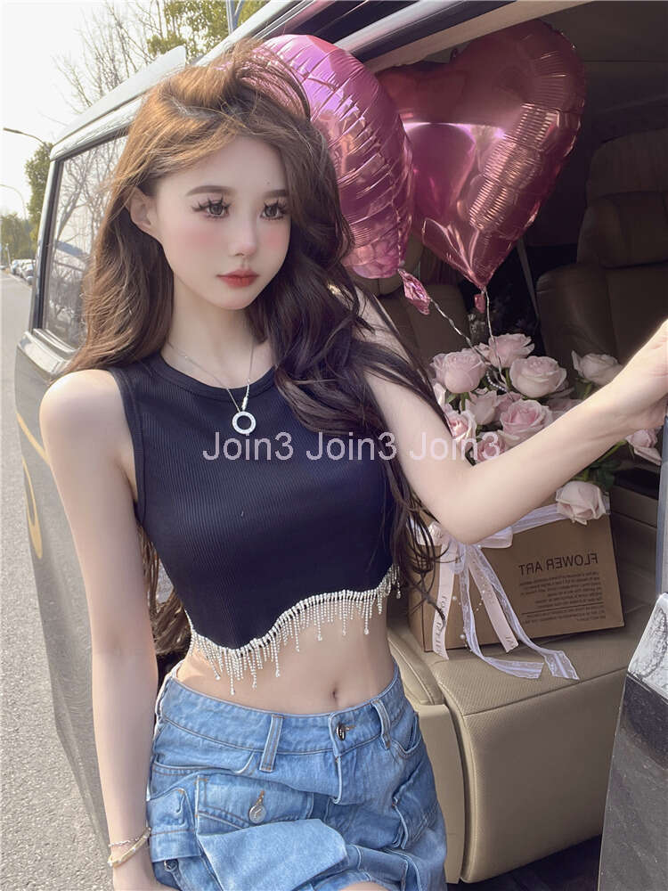 Womens high waist o-neck sleeveless rhinestone tassel fringe bottom short vest tanks camis