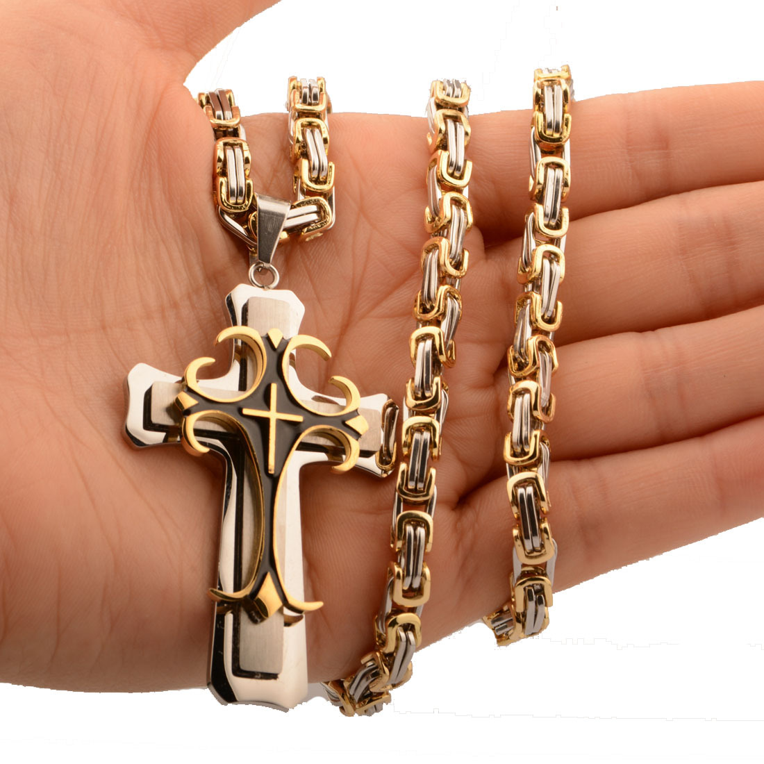 Stainless Steel Double Layers Cross Pendant Necklace Religion Jewelry with Chain