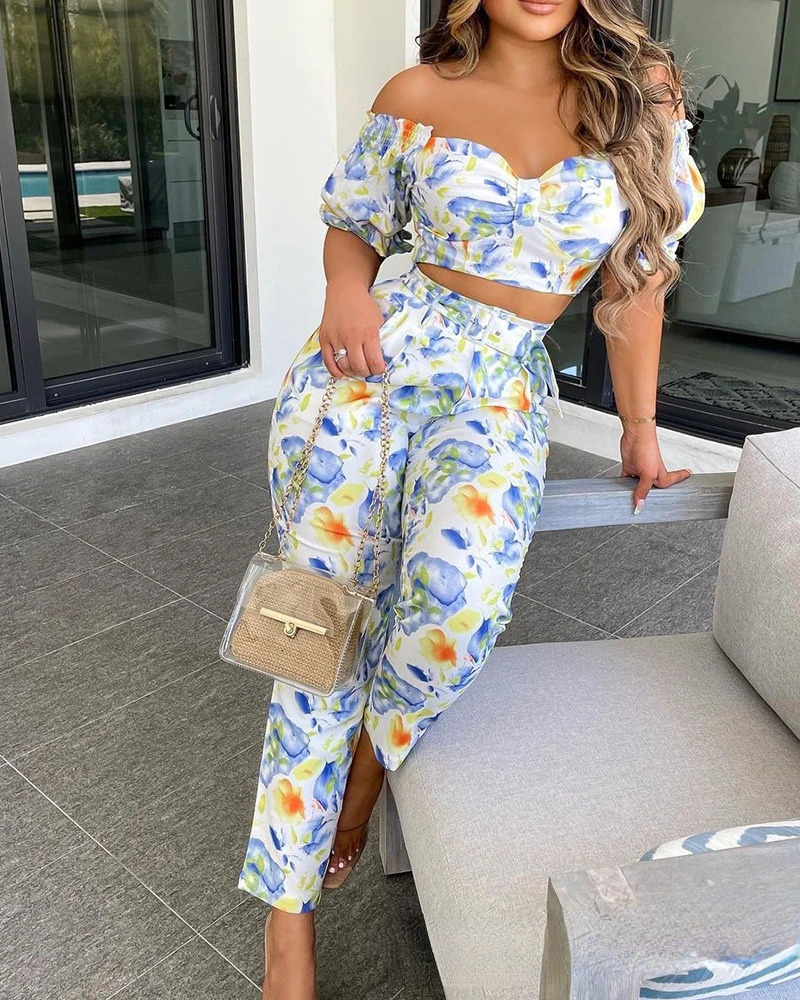 Summer Two Piece Set Women Fashion Printed Boho Crop Top High Waist Pants Suit Womens 2pcs Outfit conjuntos de mujer 240514
