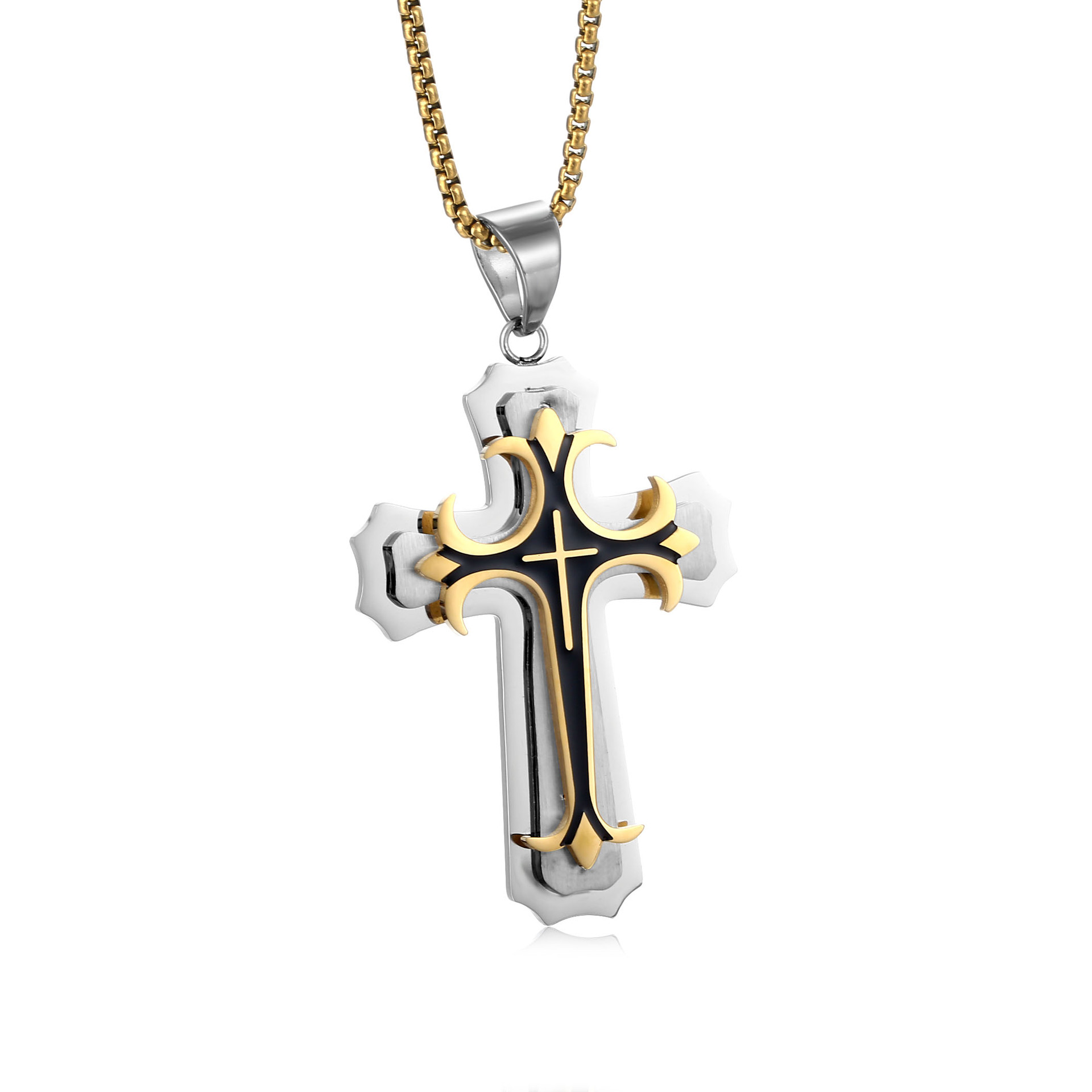 Stainless Steel Double Layers Cross Pendant Necklace Religion Jewelry with Chain