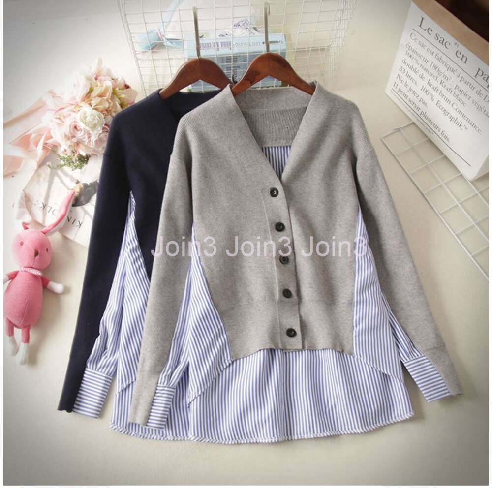 New design womens autumn knitted v-neck patchwork stripe asymmetric irregular sweater blouse top coat loose korean casacos