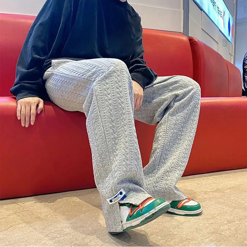 Men Trendy Sweatpants High Waist Fashion Vintage Blue Jacquard Casual Bottoms Loose Side Slit WidLeg Pants Male 240509