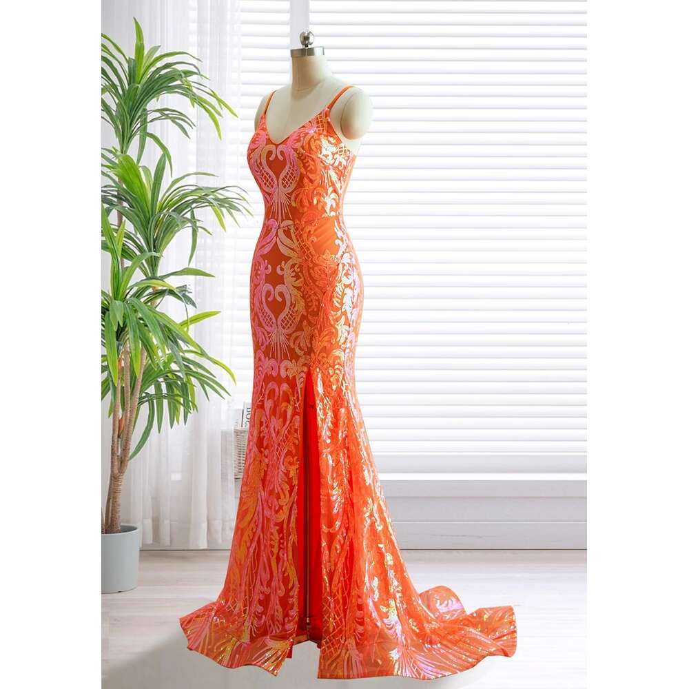 V Neck Sequin Prom Mermaid Evening Dresses for Women Spaghetti Straps Formal Gown with Slit prom AMZ