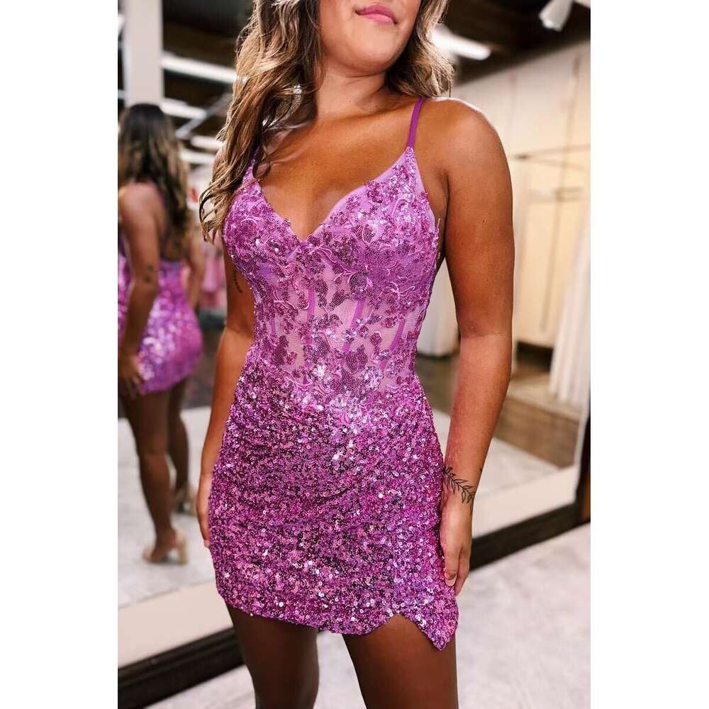 Sequin Appliques Short Prom 2024 Spaghetti Straps Homecoming Wrap Women's tail Dress prom AMZ