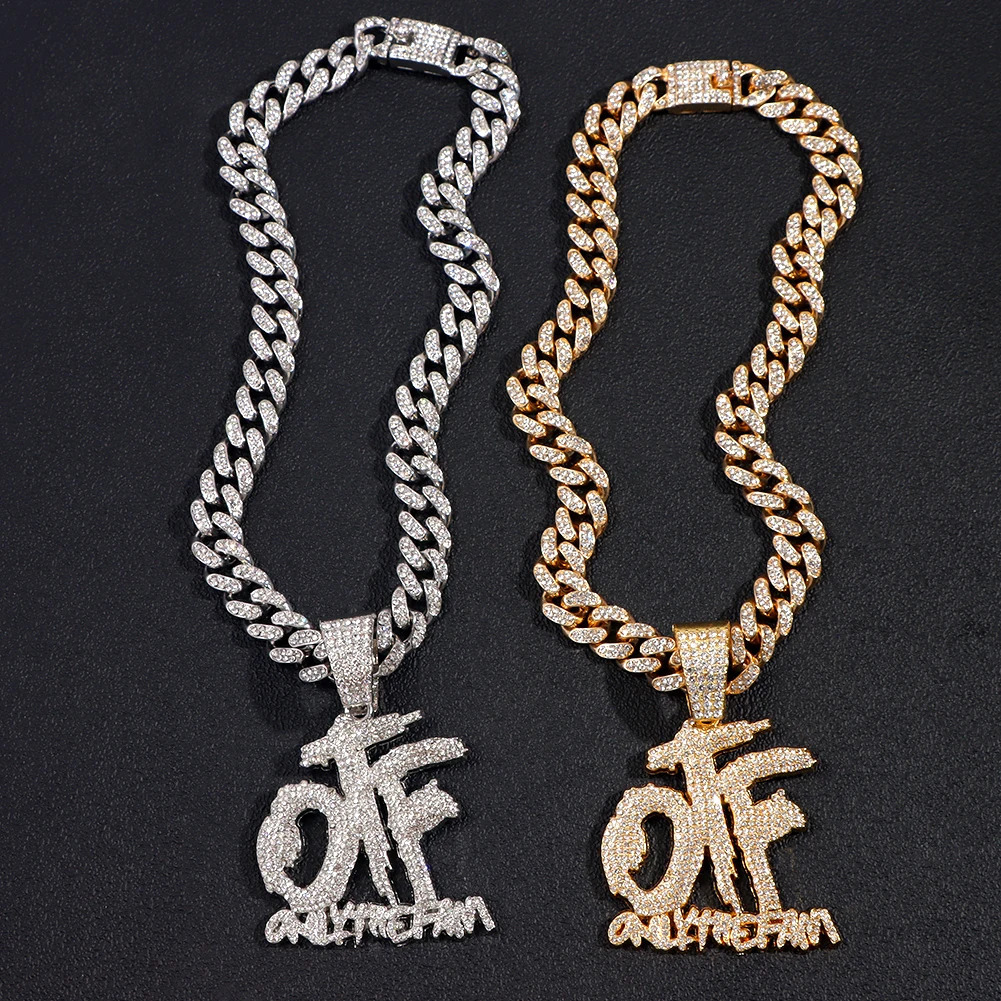 Hip Hop Only The Family OTF Crystal Letter Pendant Necklaces for Women Men Miami Iced Out Cuban Chain Necklace Punk Jewelry Gift 240508
