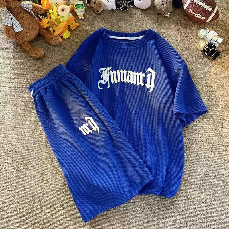 Summer Oversize Casual Fashion tracksuit Loose Jogging Waffle Suit Men Loose Short-sleeve tshirt Sports Shorts 2pcs Set Outfit 240506