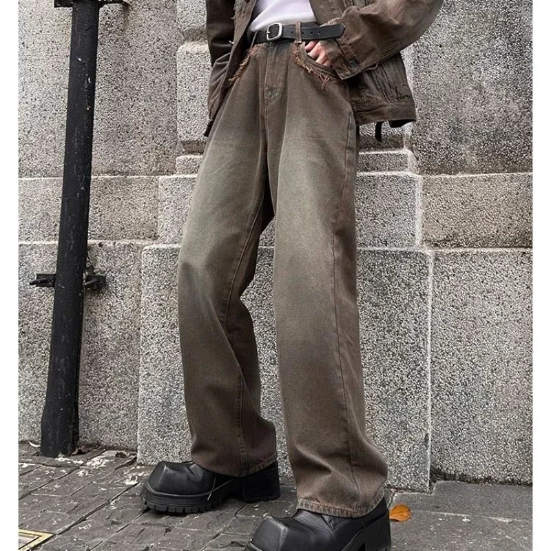 Autumn Twopiece Set Man Retro Wash High Street Tassels Varsity Denim JacketsStraight Wide Leg Jeans Sets Male Harajuku Suit 240428