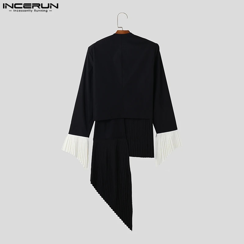 INCERUN Men Blazer Pleated Patchwork V Neck Long Sleeve Open Stitch Casual Irregular Suits Men Streetwear Thin Coats S-5XL 240513