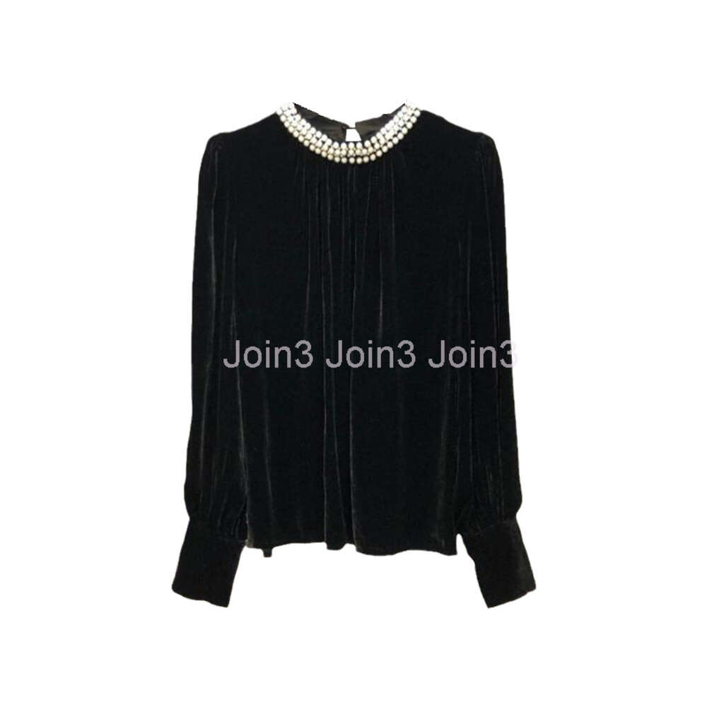 Womens o-neck beading puff long sleeve velvet fabric fashion blouse t-shirt SMLXL