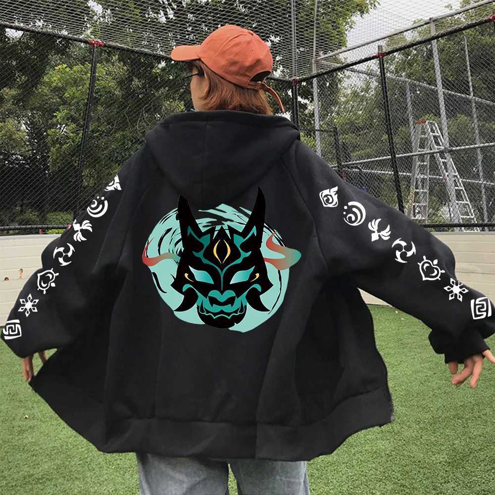 Men's Hoodies Sweatshirts Genshin Impact Xiao Mask Fangs Anime Print Zipper Hoodies Men Women Harajuku Fashion Long Slve Plus Size Zipper Jacket 
