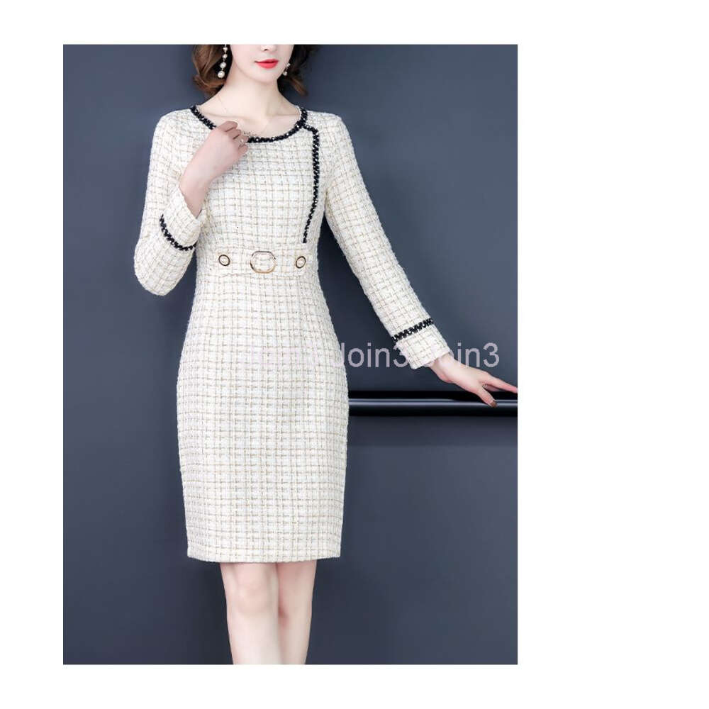 New design womens OL o-neck long sleeve tweed woolen lurex shinny bling knee length pencil dress vestidos
