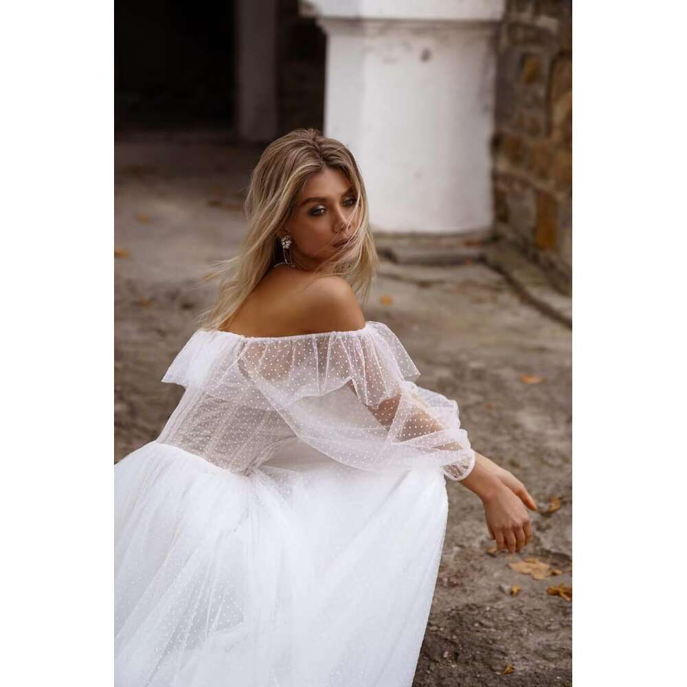 Off Shoulder Puffy Sleeve Ball Gown Tulle Prom Ruffle prom Dresses for Bride prom AMZ