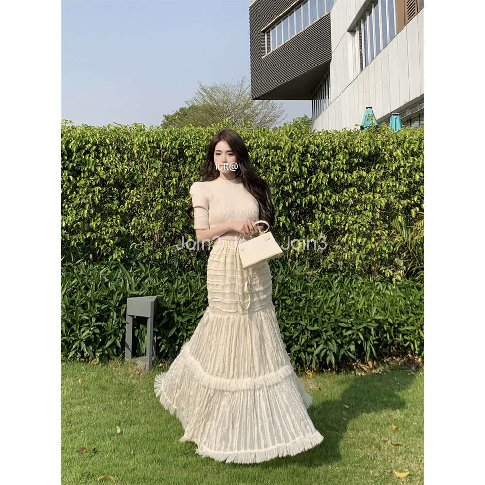 Womens o-neck half short sleeve knitted crop top and elastic waist cake layered lace ball gown skirt 2 piece dress suit SM