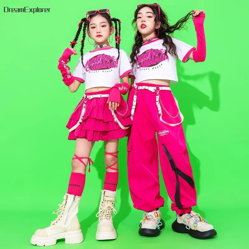 Girls Hip Hop Crop Top Cargo Pants Child Summer Tshirt Tiered Skirt Kids Streetwear Jazz Sweet Street Dance Costume Clothes Set 240510
