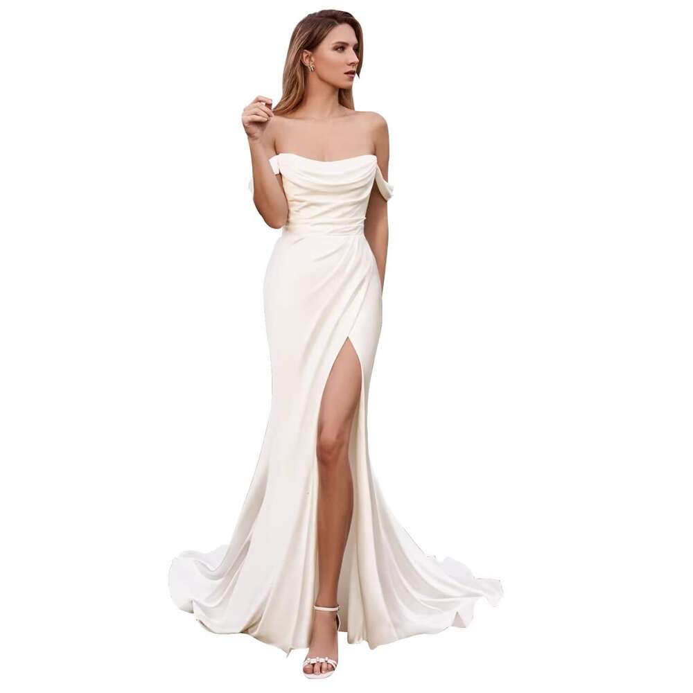 MARSEN Off The Shoulder Mermaid prom Dresses for Bride with Split Ruched Beach Boho Bridal Gowns Ivory Size 20 prom AMZ