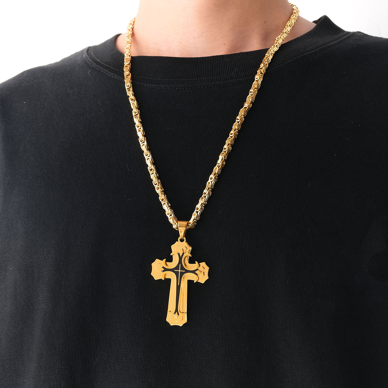 Stainless Steel Double Layers Cross Pendant Necklace Religion Jewelry with Chain