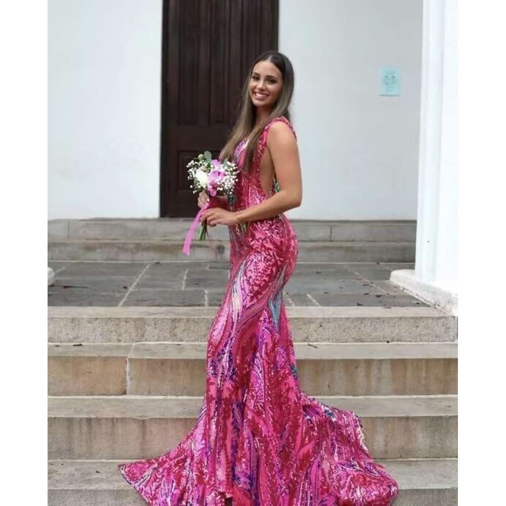 Deep V Neck Sequin Prom Mermaid Formal Gown Women Backless Evening Dress for Party prom AMZ
