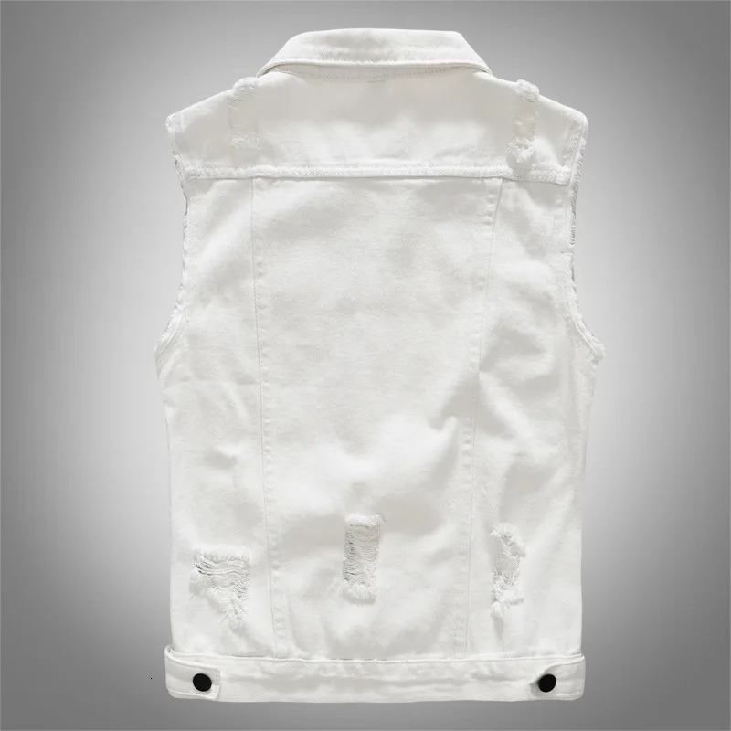 Idopy Korean Mens White Denim Vest Ripped Distressed Waistcoat Jeans Sleeveless Jacket For Male 240509
