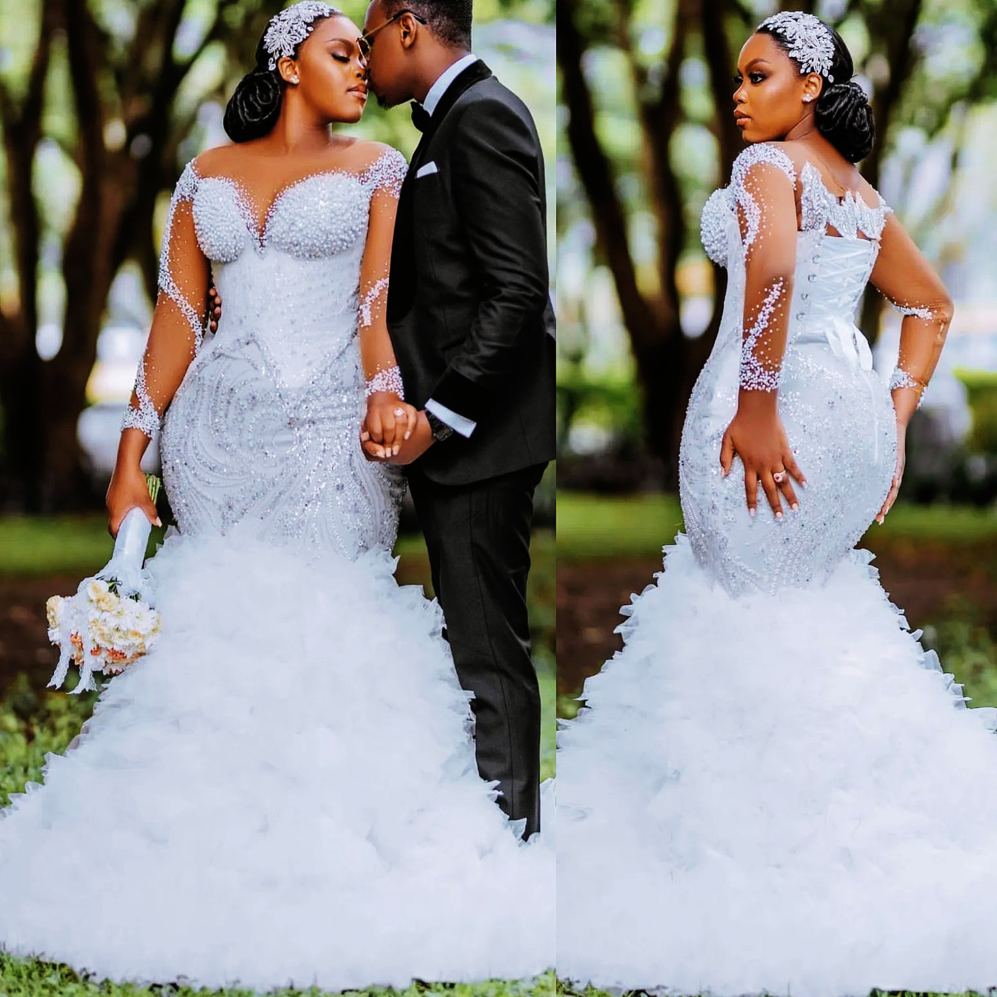 Aso Ebi 2024 White Mermaid Wedding Dress Sheer Neck Beaded Sequined Tiers Tulle Sexy Bridal Gowns Dresses LF05