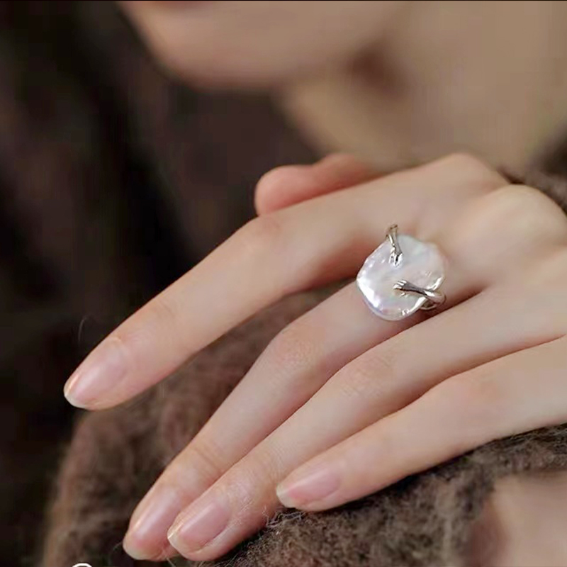 baroque Pearl Ring Temperament Light Luxury Square Open Ring Sterling Silver Ring for Women