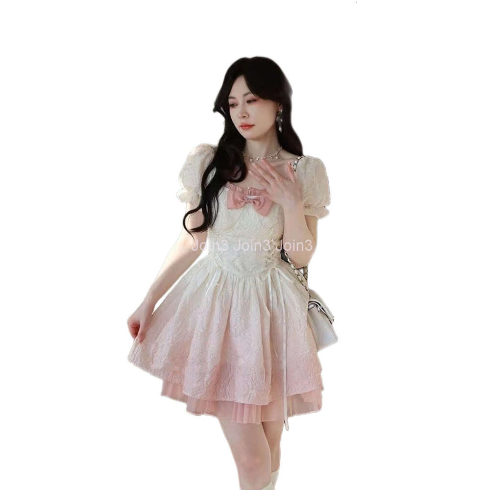 Womens summer sweet pink gradient color bow cute square collar high waist ball gowm mini dresses SMLXL