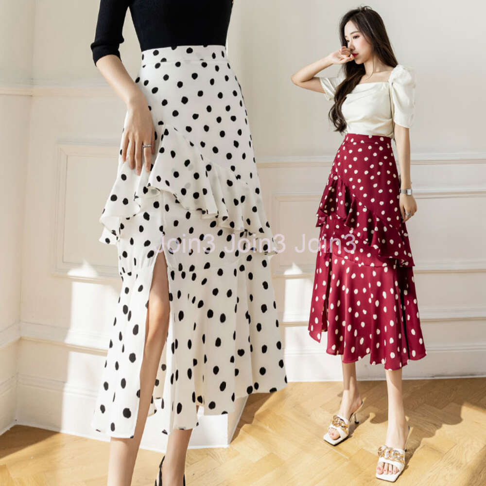 Summer new womens chiffon polka dotts dotted layered ruffles vent jag midi long skirt plus size SMLXL