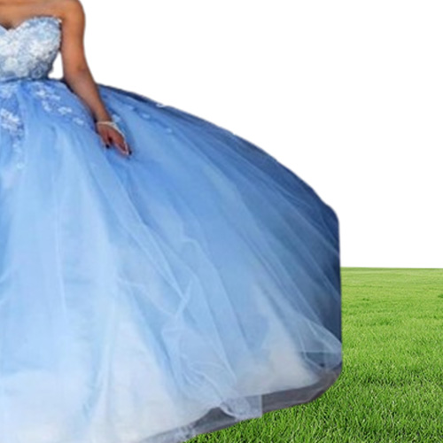 Abendkleider Sweet 16 Prom Dresses Sweetheart 3DApplique Sky Blue Tulle Quinceanera Dresses Long Party Formal Gowns