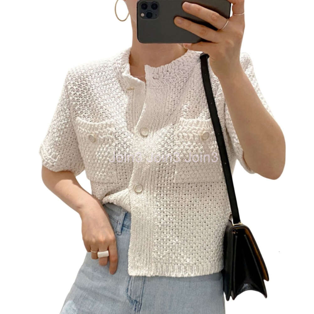 New fashion womens summer o-neck short sleeve knitted white color sweater tops single breasted cardigan