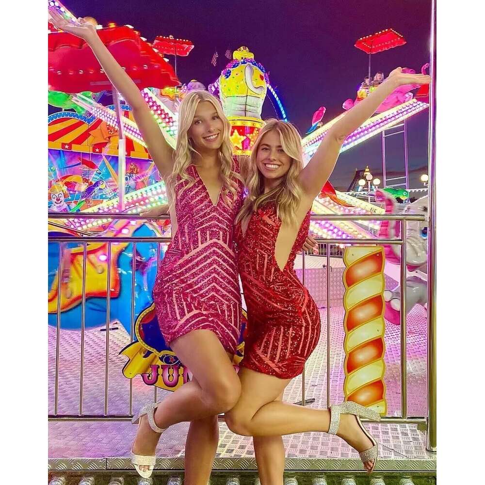 WWOM Deep V Neck Prom Short 2024 Sequin Homecoming Dress for Teens Tight Mini tail Dresses prom AMZ