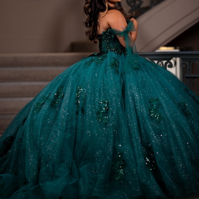 Blackish Green Shiny Quinceanera Dress Off The Shoulder Lace Applique Sequins Beading Tull Mexican Sweet 16 Vestidos De XV 15 Anos