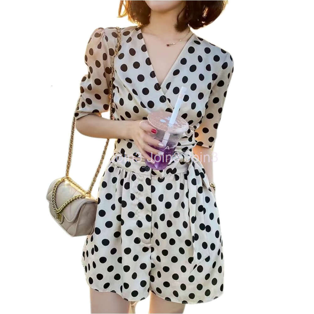 Womens polka dots dotted short sleeve v-neck sashes top and shorts twinset 2 pc pants suit SMLXL