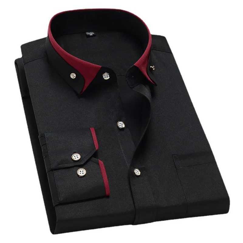 Men's Dress Shirts New Mens Contrast Collar Stretch Long Slve Shirt Business Casual Comfortable Non-Iron Shirt Slim Fit Youth Solid Color Y240514