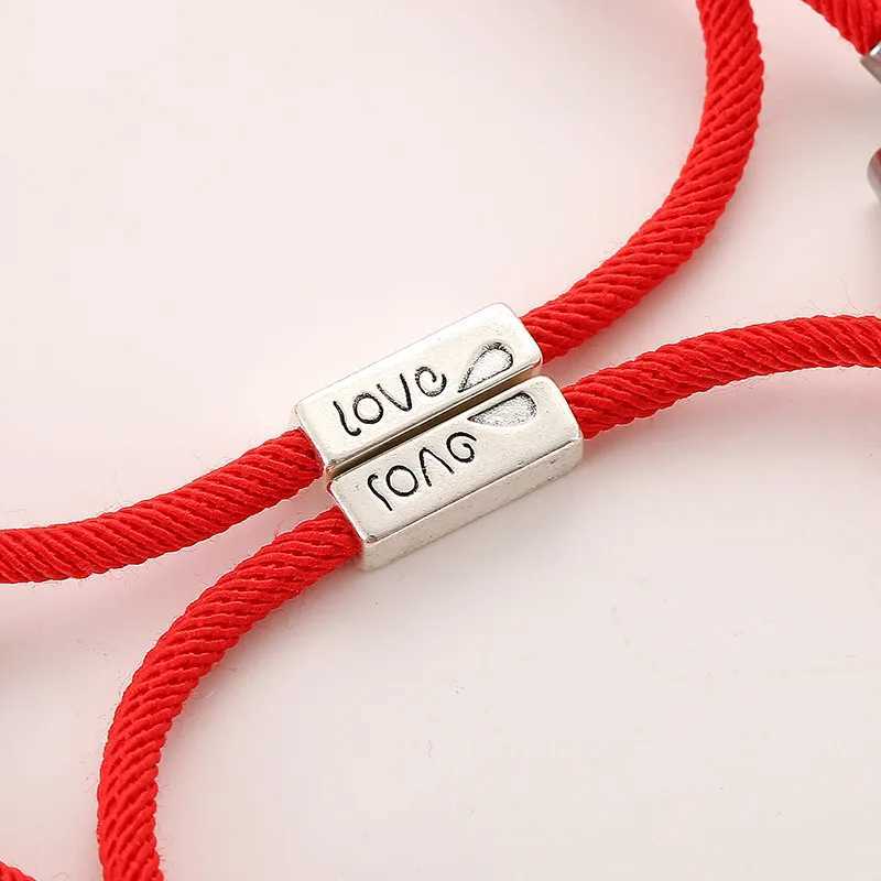 Charm Bracelets 2pcs/Set Magnet Bracelet Couple Handmade Adjustable Rope Matching Braslet Infinite Love Pair Braclet Lucky Red Brazalete Gift Y240510
