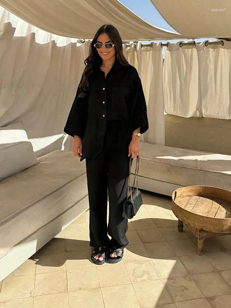 Womens Two Piece Pants Women Casual Solid Set Loose Lapel Long Sleeve Single-breasted Shirt Suit Lady High Waist Straight Leg Street Outfit