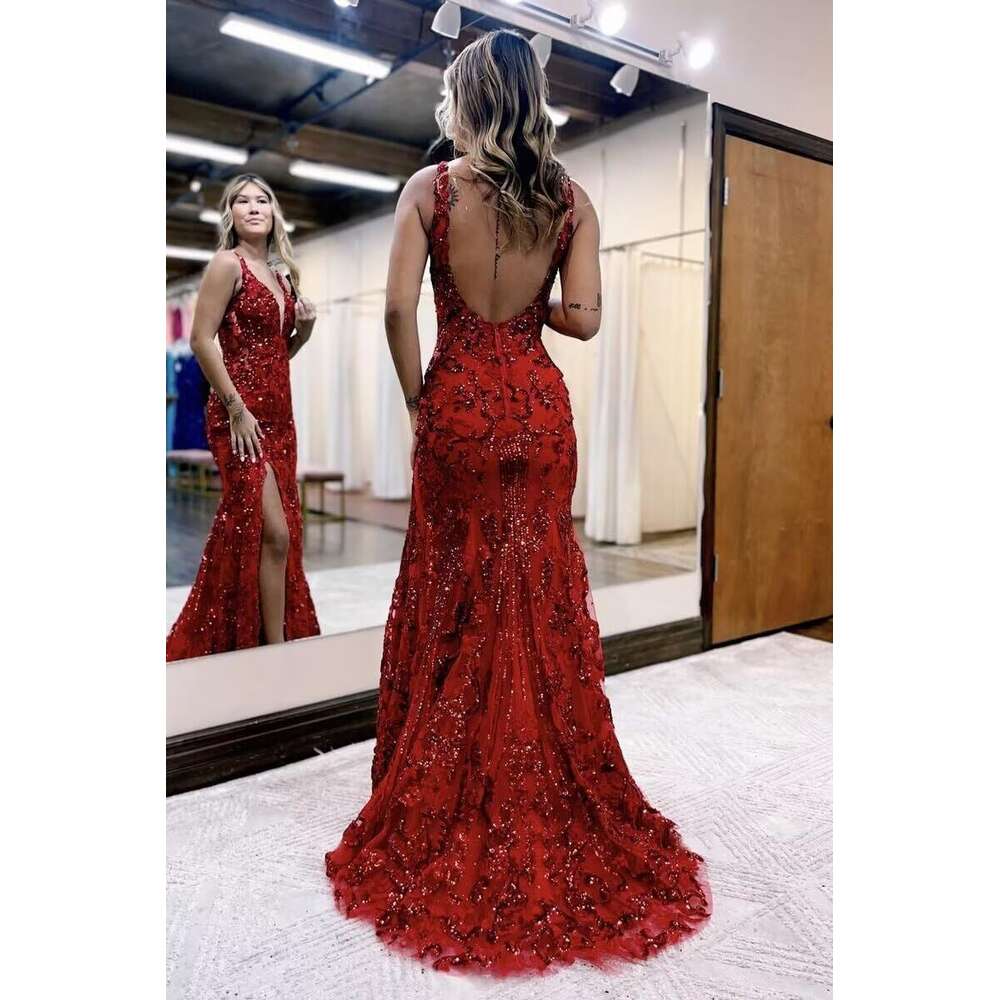 Sequin Appliques Prom Dresses 2024 Backless Sparkly Evening Dress for Women Mermaid Formal Gown with Slit prom AMZ