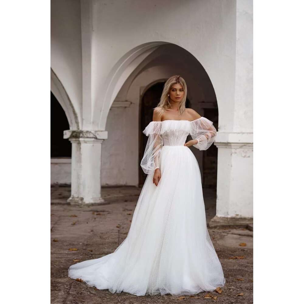 Off Shoulder Puffy Sleeve Ball Gown Tulle Prom Ruffle prom Dresses for Bride prom AMZ