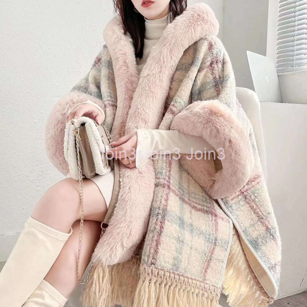 Womens faux fur hooded loose palazzo plaid pattern woolen plus velvet liner thickening warm tassel cape coat